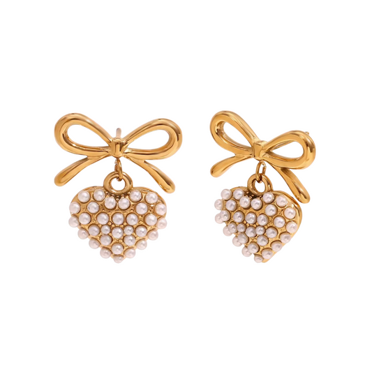 Heart & Bow Pearl Earrings