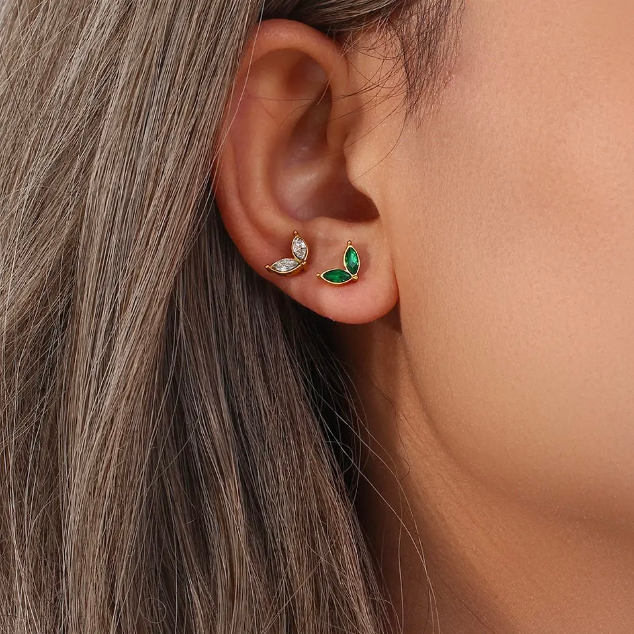 Emerald / Clear Diamond Marquise Stud Earrings